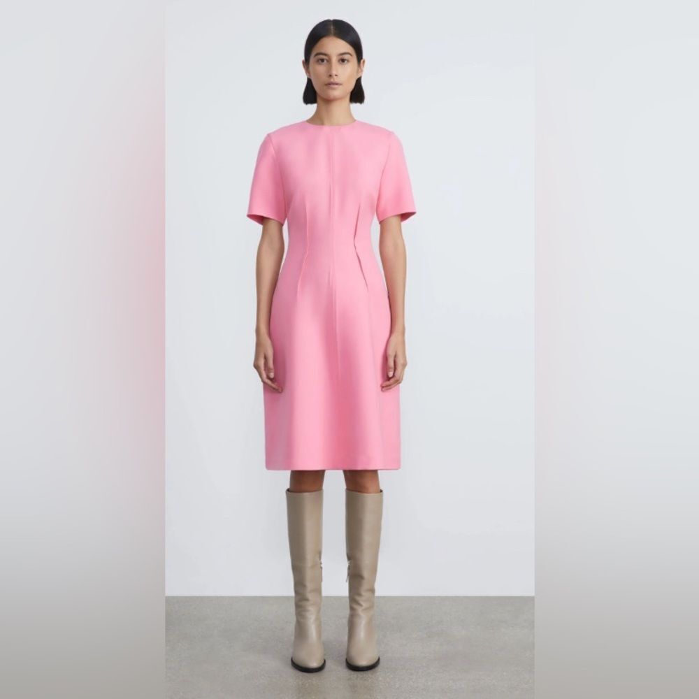 Lafayette 148 Pink Wool Silk Crepe Short Sleeve Pintuck Flared Midi Dress